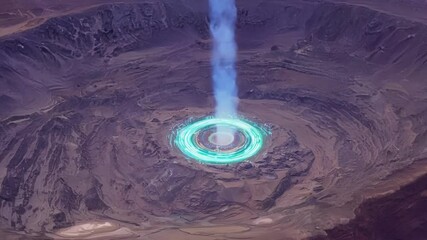 Aufkleber - Beam of light is connecting with circles of energy coming out of a crater in a concept stock photo about fantasy, mystery, and the universe