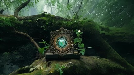 Sticker - Sun shines through misty forest, casting magical light on mirror in mossy roots. Enchanting scene feels like fairy tale, with green hues creating serene atmosphere