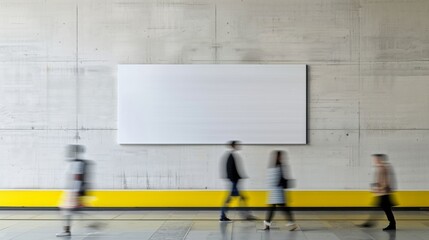 Aufkleber - Indoor Minimalist Setting with Blurred Motion of People Passing by Empty Poster on Soft White Plaster Wall During Daytime