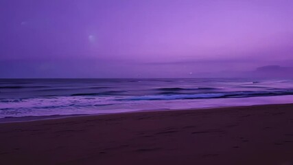 Aufkleber - Surfer is waiting for a wave in a purple ocean. The sand on the beach is also purple, creating a surreal and fantasy atmosphere