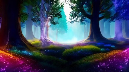 Aufkleber - Enchanting forest with vibrant colors, energy flowing from roots to branches, alive with light at night, creating a mystical and mysterious atmosphere
