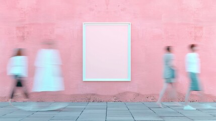 Poster - Minimalist Indoor Setting with Motion-Blurred People Passing by Soft Pink Plaster Wall Featuring Empty Poster Frame - Calm and Serene Ambiance