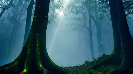 Sticker - Mystical forest with radiant sunlight piercing fog, illuminating moss covered trees in a fairytale like scene