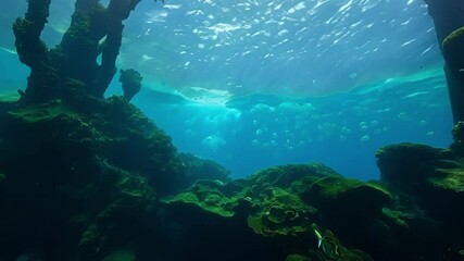 Poster - School of fish swimming near the surface of a fantasy underwater world with coral reefs, creating a sense of wonder and mystery