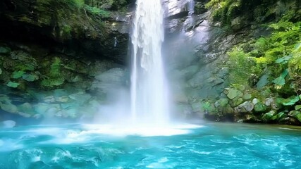 Poster - Turquoise water flows rapidly in a river as a powerful waterfall crashes down from a cliff, creating a fantasy like scene