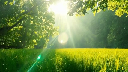 Poster - Bright sun rays are shining through trees onto a lush green grass field, creating a magical and fantasy like atmosphere