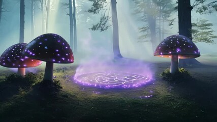 Poster - Magical circle glows in a mystical forest, between radiant mushrooms, shrouded in fog, casting vibrant colors on trees at night. Evoking enchantment, perfect for fantasy projects