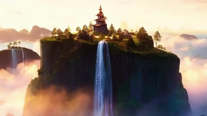 Sticker - Stunning waterfall cascades down a towering mountain, surrounded by a mystical landscape of clouds and ethereal light, creating a breathtaking scene of fantasy and wonder