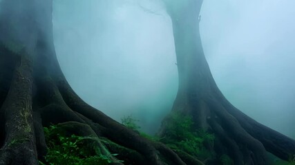 Aufkleber - Misty forest with dark tree roots creating mystical atmosphere, surrounded by lush greenery. Light and shadows play, making a captivating scene