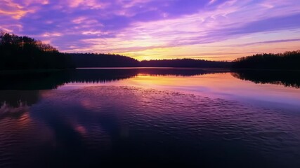 Poster - Serene sunset over a calm lake in a lush forest, with vibrant colors blending in the evening sky. Ideal for unwinding in nature