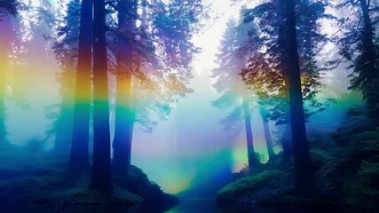 Aufkleber - Magical rainbow illuminating a mysterious forest with tall trees growing on the shore of a lake reflecting the colorful lights at dusk