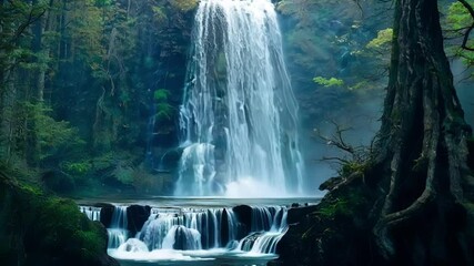 Poster - Majestic waterfall cascading down mossy rocks in a lush. Green forest. Creating a mystical and enchanting atmosphere full of natural beauty and wonder