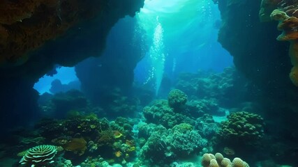 Poster - Sun rays shining through entrance of underwater cave illuminating diver swimming towards surface with air bubbles rising