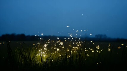 Poster - Sun setting, fireflies glowing in vast field, creating magical twilight atmosphere. Perfect nature background for serene evenings