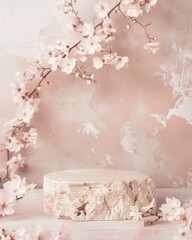 Poster - Elegant Minimalist Stone Podium with Pastel Pink Flowers in Soft Diffused Light for Product Mockup
