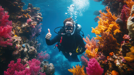 Wall Mural - Portrait of diver with thumbs up gesture with colorful beautiful coral reef with sea life fishes