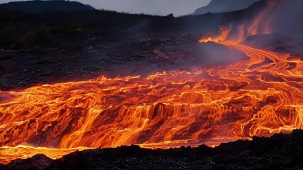 Aufkleber - Molten rock flowing down a slope, creating a mesmerizing waterfall of fire with an intense orange color. The fantasy scene evokes the destructive power of nature
