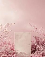 Poster - Elegant Minimalist Mockup with Stone Podium and Pastel Pink Flowers on Soft Background