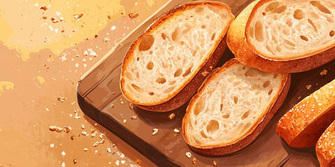 Wall Mural - Close-up of ciabatta slices on cutting board with crumbs scattered