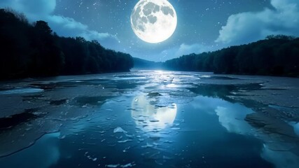 Aufkleber - Mystical frozen river is reflecting the light of the full moon on a clear night, creating a magical and surreal atmosphere