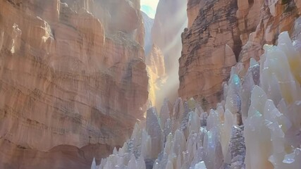 Poster - Sunlit cave with white stalagmites, a magical scene of glowing rock formations, perfect for adventure and exploration