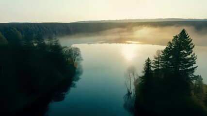 Poster - The calm lake reflects morning sunlight in misty forest, creating a serene scene with golden light at sunrise