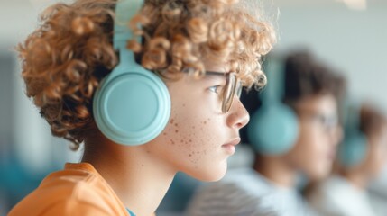 Poster - High School Teenagers in Virtual Classroom with Laptops and Headphones Modern Online Education Scene