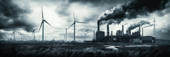 Poster - Closed coal mines and towering old factories contrast with modern wind turbines, highlighting the transition to renewable energy initiatives. Generative AI