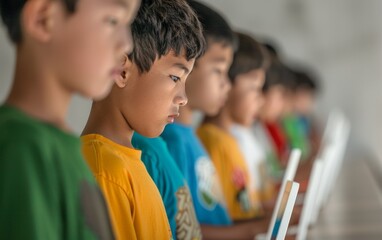 Poster - Primary School Students Engaged in Interactive Science Learning on Tablets in Classroom Setting – Morning Session Captures Concentration and Educational Technology Integration