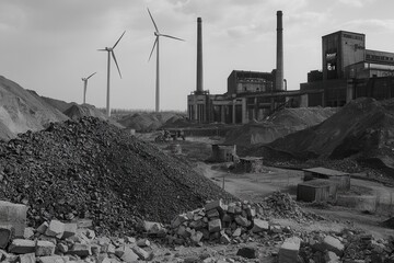 Poster - Closed coal mines stand alongside modern wind turbines, illustrating the transition from fossil fuels to sustainable energy sources. Generative AI