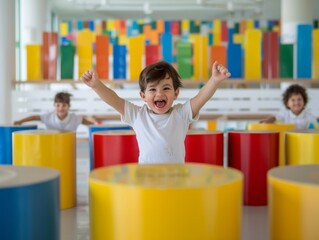 Poster - Excited Children in Bright Elementary Classroom Engaging in Group Learning Activity with Colorful Materials, Morning, Happy