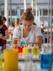 Aufkleber - Teenage Girls and Boys Collaborating on a Science Project in Brightly Lit High School Lab - Daytime Hands-On Learning Experience