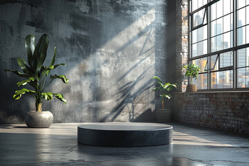 A modern industrial studio with a 3D podium mockup, empty loft design, and rough cement floor, serving as a backdrop for stock photography 