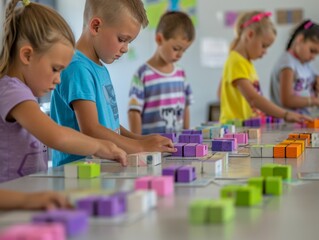 Poster - Young Elementary Students Collaboratively Solving Math Puzzles with Hands-On Materials in a Bright Classroom, Capturing Interactive Learning during Daytime