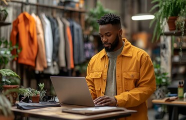 Black man in casual attire working on a laptop, with accessories on a table