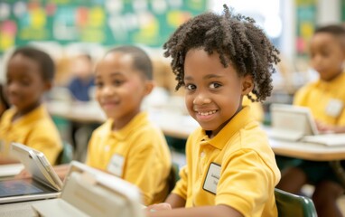 Poster - Engaged Elementary Students Using Tablets in a Bright Classroom with Teacher Facilitating Group Project, Morning, Positive Atmosphere