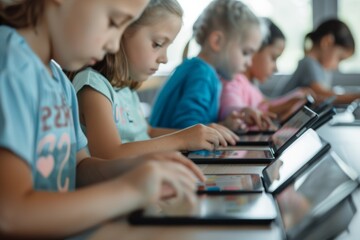 Aufkleber - Diverse Group of Young Girls Learning with Tablets in Modern Classroom - E-learning and Technology Integration in Education