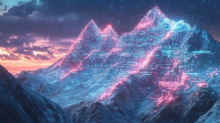 Wall Mural - A mountain landscape made of holographic computer displays, with data streams and digital elements enhancing the natural scenery