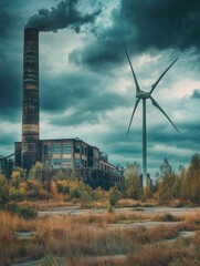 Poster - Closed coal mines contrast with wind turbines, showcasing the shift towards renewable energy in former industrial areas. Generative AI