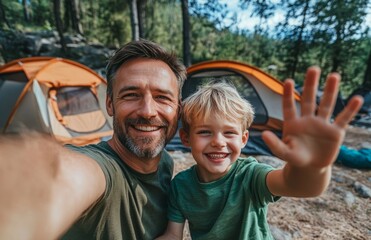 Joyful father and son taking a selfie, waving, with a camping tent in background