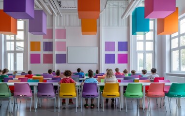 Poster - Diverse Group of Elementary School Students Collaborating on a Digital Project in a Bright, Colorful, and Modern Classroom Setting