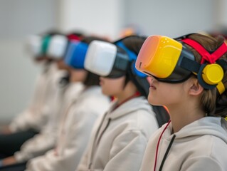 Poster - Diverse High School Students Using VR Headsets to Explore Brain Anatomy in Interactive Science Class, Morning, Excitement and Innovation in Classroom