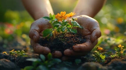 Wall Mural - Hands holding a small plant with soil and yellow flowers in a garden.