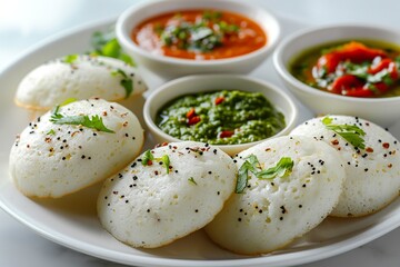 Wall Mural - Classic idli with sambar and a side of green and red chutney