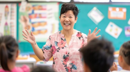 Poster - Engaged Asian Female Teacher Leading Group Activity in Vibrant, Sunlit Elementary Classroom with Actively Participating Students