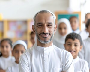Poster - Enthusiastic Arab Male Teacher Leading Engaged Young Students in Bright, Colorful Classroom Bathed in Natural Light