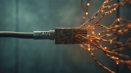 Poster - Digital Bloom: A close-up shot of a cable bursting with glowing, ethereal light, symbolizing the boundless potential of data and technology.  