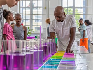 Poster - Passionate Teacher Guides Diverse Group of Middle School Students During Hands-On Science Experiment in Bright Classroom, Morning, Engaging Atmosphere