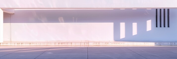 Poster - Modern Minimalist Building Facade with Sunlight Beams, Creative Atmosphere, Pastel Tones, Wide & Low-Angle View, Empty Setting