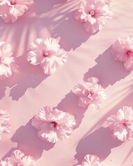 Poster - Dreamy Pastel Pattern of Pink Flowers on Soft Pink Background with Surreal Depth and Consistent Spacing, Evoking a Clean and Dreamy Mood